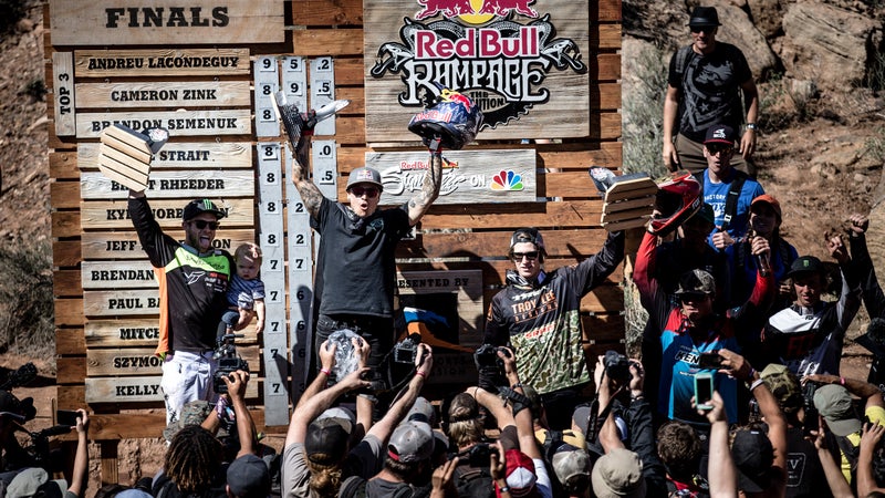 Andreu Lacondeguy (1), Cam Zink (2), and Brandon Semenuk (3) celebrate on the podium at finals.