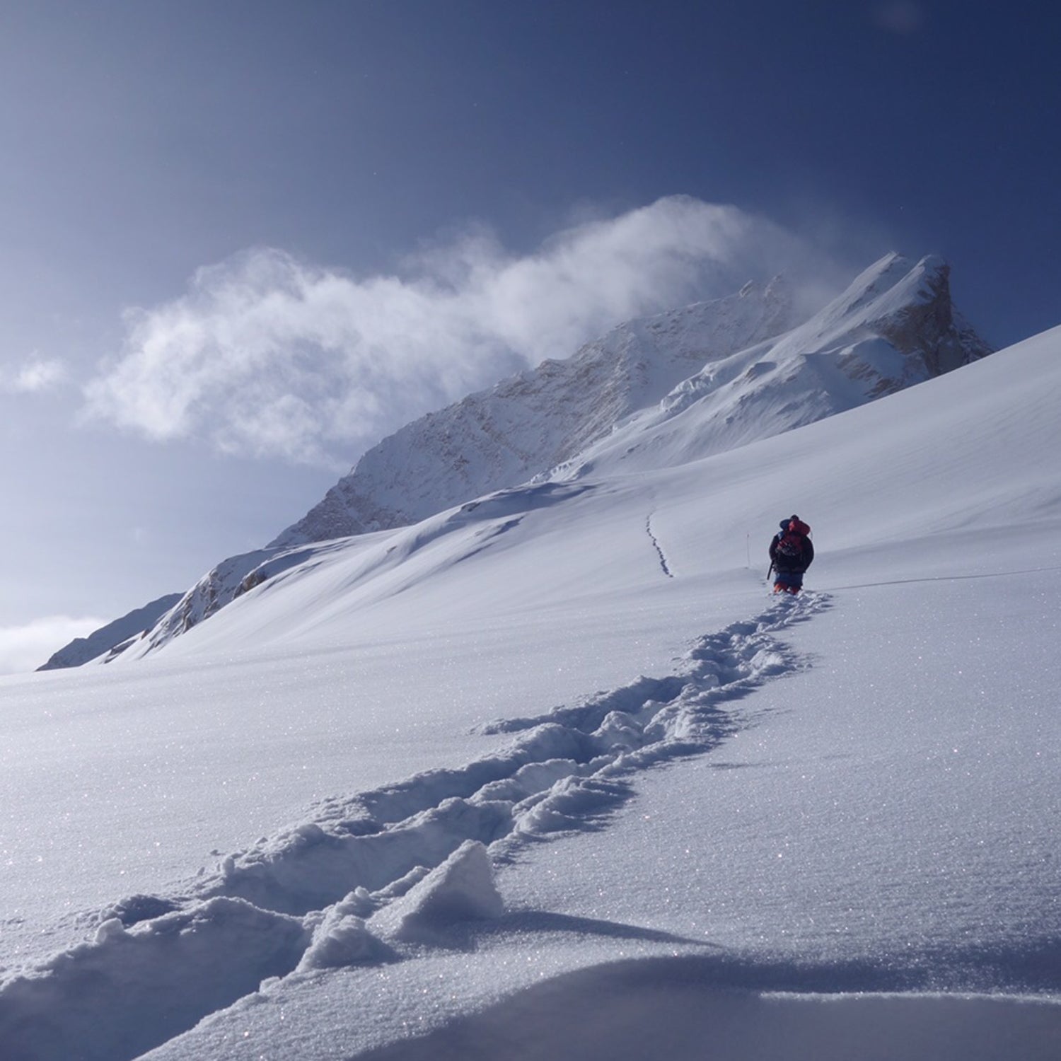 Mingma Chhring Sherpa breaking trail out of Camp 3 towards the summit of Makalu.. While deep snow and fresh avalanches turned us around at 25,000 feet.