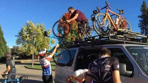 The first (and likely last) shuttle I’ve taken with drop-bar bikes. Scott (second from the left) and contributing editor Tom Vanderbilt (bottom right) load up their ’cross rigs for a ride to the top of a five-mile singletrack descent (the fourth timed segment) the day before the event.