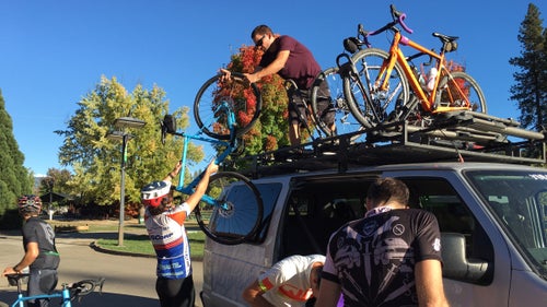 The first (and likely last) shuttle I’ve taken with drop-bar bikes. Scott (second from the left) and contributing editor Tom Vanderbilt (bottom right) load up their ’cross rigs for a ride to the top of a five-mile singletrack descent (the fourth timed segment) the day before the event.