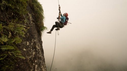 Payne ascending one of the fixed lines near the middle of the tower.