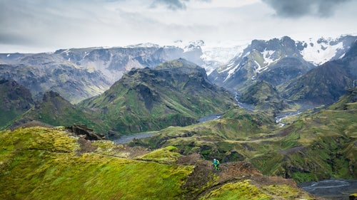 A long climb out of the valley floor revealed the terrain of the Thórsmörk region. Huge glaciers have carved up wide basins filled with braided rivers giving way to ragged peaks blanketed with rich and vibrant greens. Littered within the landscape are miles of singletrack.