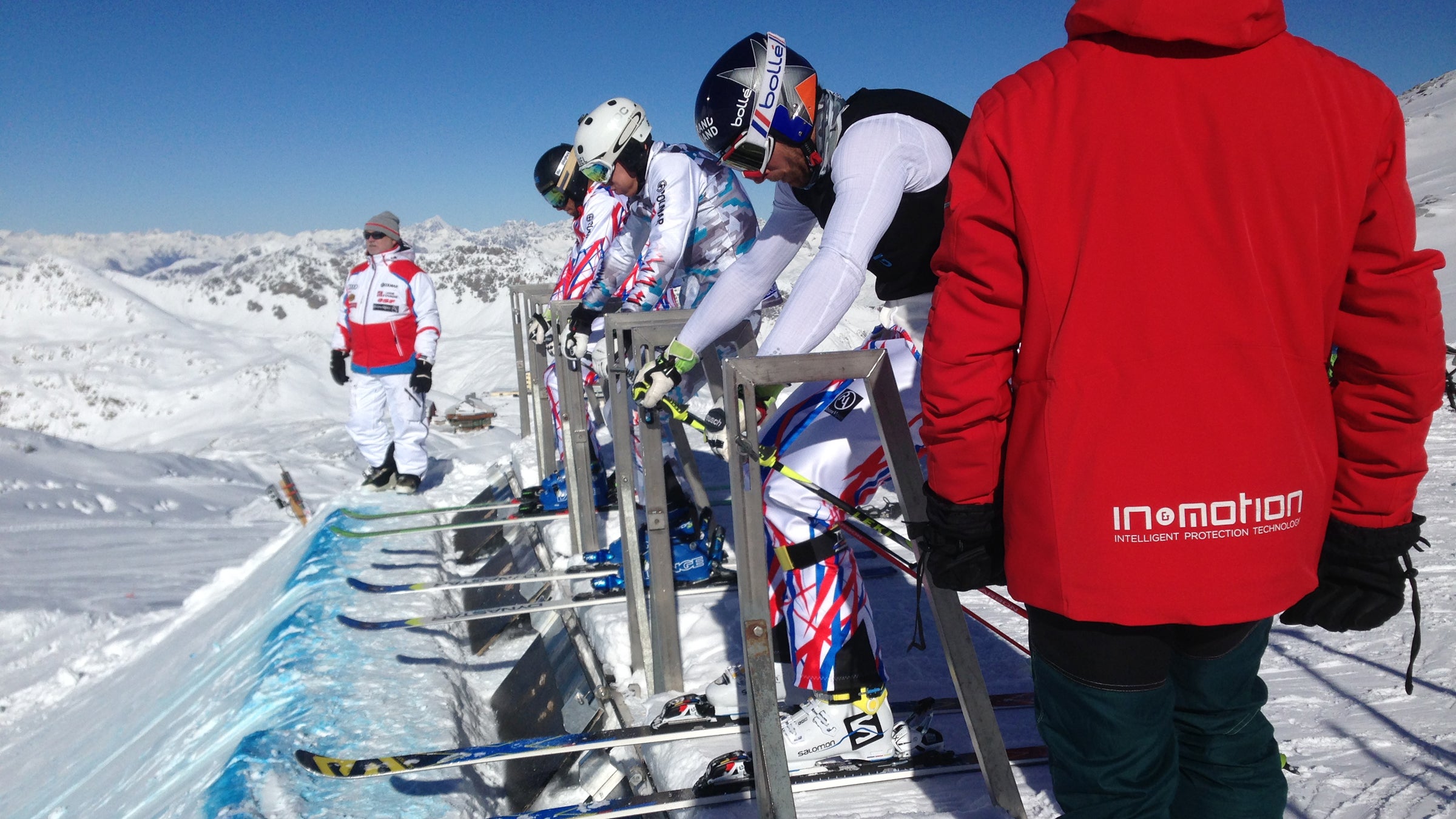 The French skicross team wears airbag vests.