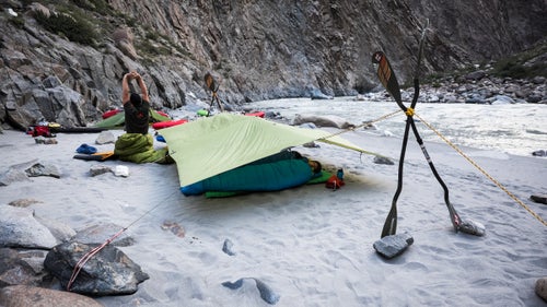 Sore muscles and early mornings. Here, one of our makeshift camps as the crew wakes up.