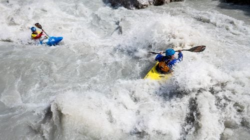 Paddlers Thilo Schmitt and Fabian Dorfler battle the powerful water.