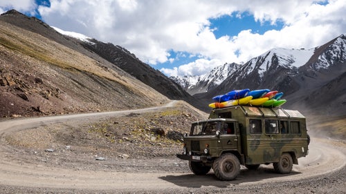 Possibly the best shuttle vehicle ever. Six hours of driving over high mountain passes in an old military truck brought us to the start of the river in the Tian Shan mountain range.