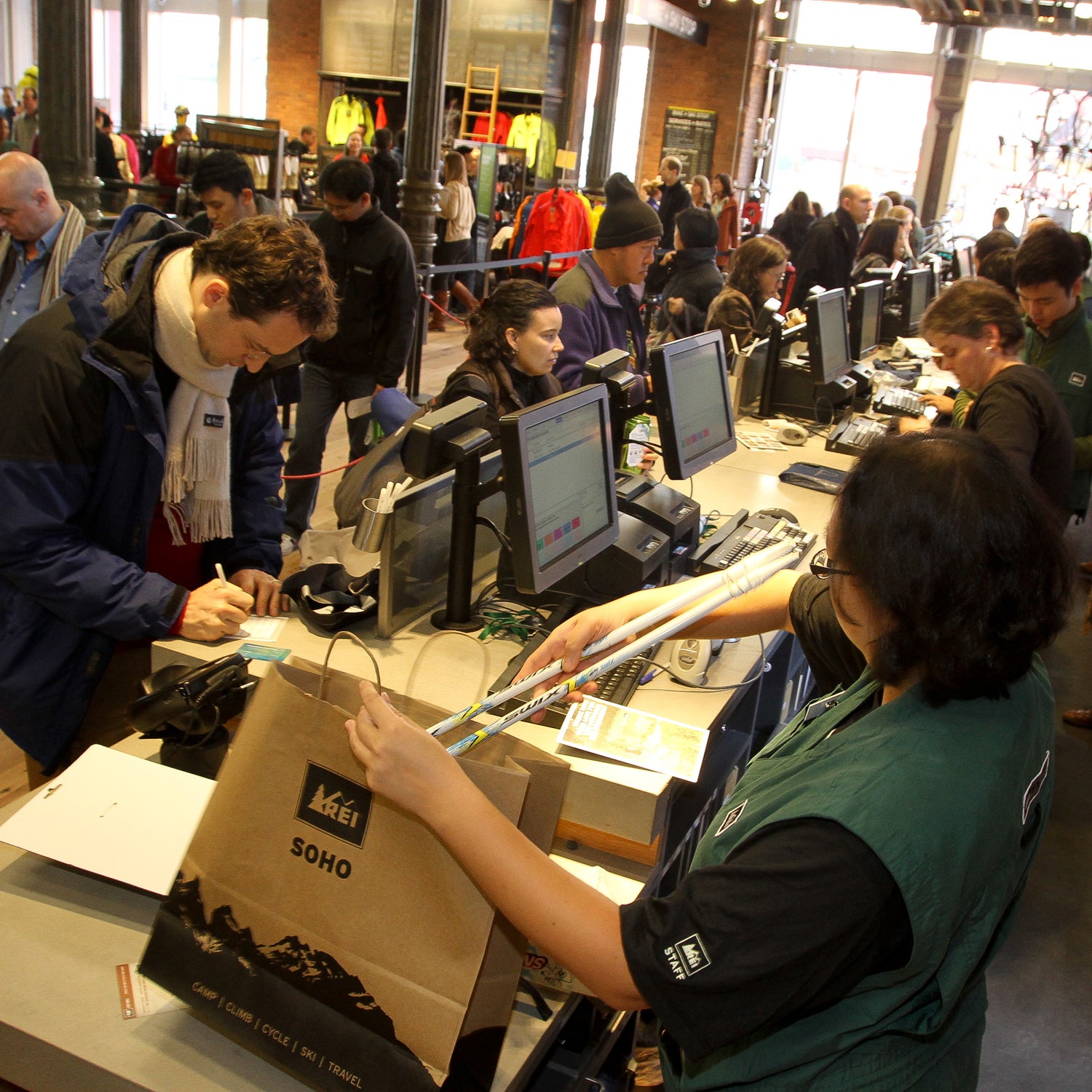 REI SoHo registers ring during the REI (Recreational Equipment, Inc.) Grand Opening to kick off the grand opening weekend (Dec 2-4) of REI SoHo, the outdoor retailer's first Manhattan store at REI SoHo on Friday, December 2nd, 2011 in New York. (Matt Peyton/AP Images for REI)