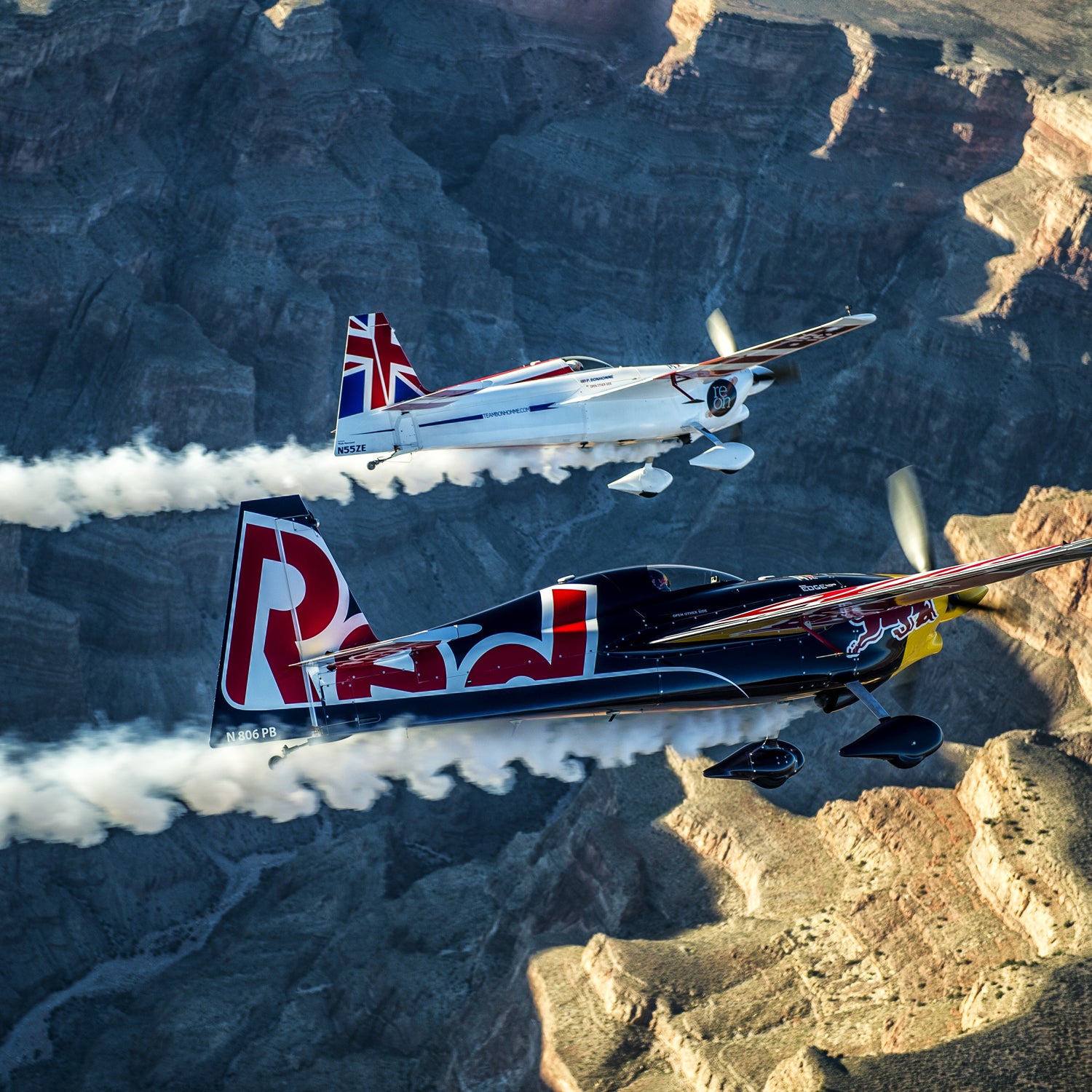Paul Bonhomme of Great Britain, Peter Besenyei of Hungary and Matt Hall of Australia fly over the Grand Canyon prior to the eight and final stage of the Red Bull Air Race World Championship in Arizona, United States on October 14, 2015. // Predrag Vuckovic/Red Bull Content Pool // P-20151015-00023 // Usage for editorial use only // Please go to www.redbullcontentpool.com for further information. //