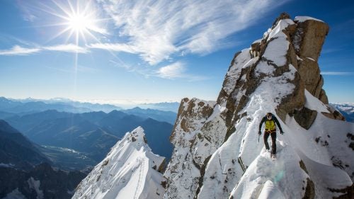 Last July, Griffith’s longtime friend Ueli Steck, the elite alpinist, invited him to scale four peaks in the Mont Blanc massif, on the border of France and Italy, in a single day—part of Steck’s attempt to climb all eight-two 4,000-meter summits in the Alps. They were done by noon, with Griffith having captured Steck at the top of Grand Pilier D’Angle around 8 a.m. “When you’re with Ueli, there’s no hanging around,” says the British photographer, who lives in Chamonix, France. “You have to shoot quite literally from the hip.”
THE TOOLS: Canon 5D Mark III, 16-35mm f/2.8 lens, ISO 200, f/14, 1/250 second