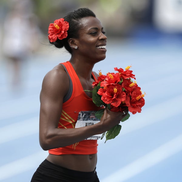Alysia Montano reacts after winning the senior women's 800-meter run final at the U.S. Championships athletics meet, Sunday, June 23, 2013, in Des Moines, Iowa. (AP Photo/Charlie Neibergall)