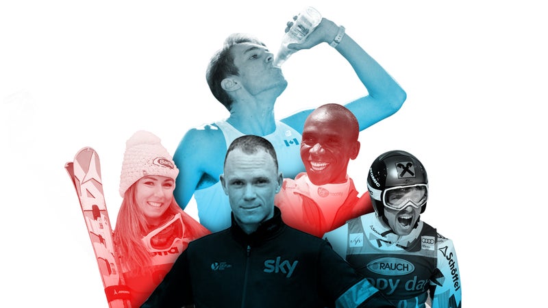 Clockwise from left: Mikaela Shiffrin, Lewis Kent, Eliud Kipehoge, Marcel Hirscher, Chris Froome.