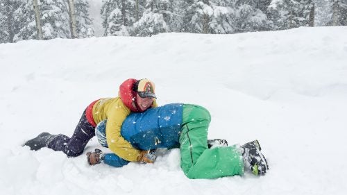 When there’s snow, first we ski, then we wrestle. An in-between moment.