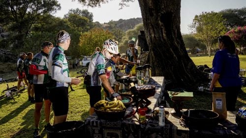 The routes were rough, but there was no roughing it at the very proper morning “tea” stops. That was a chance to grab some biltong and energy bars, refill our bottles and reservoirs, apply dry lube to our chains, and put on sunscreen.