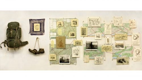 When George Rue started hiking parts of the Appalachian Trail six summers ago at age 18, he carried a sketchpad, intending to use it as both diary and camera. But when he brought the weathered notebook back to New York’s School of Visual Arts—full of dirty faces and forgotten detours—his professors urged him to return to the trail.
Now pursuing a Master of Fine Arts at the New York Academy of Art, the 24-year-old from Nashville took their advice, continuing to section-hike and sketch over the past four summers. Rue has expanded the project into a mixed-media art installation, using his sketches as inspiration for sculptures, prints, and woodcuts he made in his New York studio. And though he considers it a work-in-progress, Rue started showing Appalachian Travelogue around the city, dragging along his dirty boots and backpack. Parts of the project have been shown at Sotheby’s art gallery in New York and other galleries as far away as Rome, in addition to having a solo show in New York City’s VCS Gallery.
“What I’m trying to do is capture the culture and landscape of the trail by drawing from life,” says Rue, who finished the trail in Maine last summer but has started to section-hike it in reverse. “I hope that it transcends its subject matter to become more about how we relate to nature in contemporary life.”
Photo: Appalachian Travelogue, Thesis Installation, Mixed Media
This piece was the first iteration of Appalachian Travelogue. Rue created it as his undergraduate thesis installation in 2014, focusing mostly on sections of the trail closest to his home in Tennessee. Since then, he’s added sketches from the northern end, especially Maine and New Hampshire, his favorite states to hike. “I wanted to create something that represents every section of the entire trail,” he says. “So that, as you moved through it, it would almost be like traveling from Georgia to Maine.”