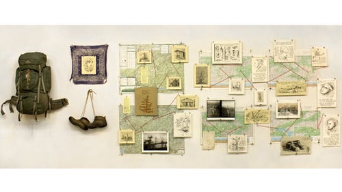 When George Rue started hiking parts of the Appalachian Trail six summers ago at age 18, he carried a sketchpad, intending to use it as both diary and camera. But when he brought the weathered notebook back to New York’s School of Visual Arts—full of dirty faces and forgotten detours—his professors urged him to return to the trail.
Now pursuing a Master of Fine Arts at the New York Academy of Art, the 24-year-old from Nashville took their advice, continuing to section-hike and sketch over the past four summers. Rue has expanded the project into a mixed-media art installation, using his sketches as inspiration for sculptures, prints, and woodcuts he made in his New York studio. And though he considers it a work-in-progress, Rue started showing Appalachian Travelogue around the city, dragging along his dirty boots and backpack. Parts of the project have been shown at Sotheby’s art gallery in New York and other galleries as far away as Rome, in addition to having a solo show in New York City’s VCS Gallery.
“What I’m trying to do is capture the culture and landscape of the trail by drawing from life,” says Rue, who finished the trail in Maine last summer but has started to section-hike it in reverse. “I hope that it transcends its subject matter to become more about how we relate to nature in contemporary life.”
Photo: Appalachian Travelogue, Thesis Installation, Mixed Media
This piece was the first iteration of Appalachian Travelogue. Rue created it as his undergraduate thesis installation in 2014, focusing mostly on sections of the trail closest to his home in Tennessee. Since then, he’s added sketches from the northern end, especially Maine and New Hampshire, his favorite states to hike. “I wanted to create something that represents every section of the entire trail,” he says. “So that, as you moved through it, it would almost be like traveling from Georgia to Maine.”