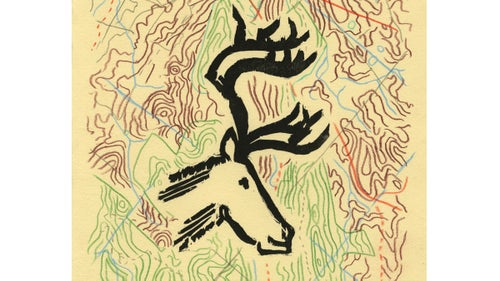 On the trail, Rue goes by Caribou, a nickname given by an old cross country coach who recognized that, while he couldn’t run fast, he could run far. Seeing as Caribou migrate the furthest of any land mammal—and the Appalachian Trail is 2,190 miles—the name stuck. Rue signed trail logs with a drawing of a caribou and later used it as an inspiration for this woodblock print.