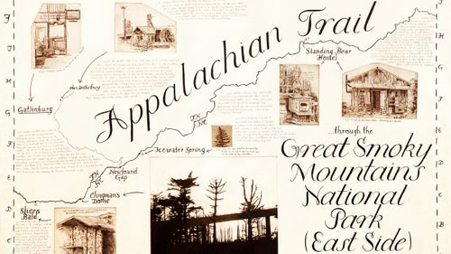 Rue created this map, for the AT section that follow the Tennessee-North Carolina border, by turning drawings from his sketchbooks into etching plates that he printed along the state line. “I use the sketches as reference materials that I update into something more substantial when I come back to my studio,” Rue says. “That’s where I make my more elaborate pieces—woodcut prints, lithographs, large scale charcoal drawings.”