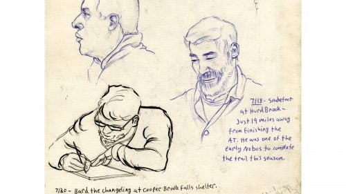 Rue likes to wake up early to make sketches of fellow hikers while they’re eating breakfast or making coffee. Some are nervous about this idea of playing model, but Rue says most are excited and ask for an emailed a copy of the sketch. “Hikers are very active people and don’t stay still for very long,” he says. “I like to wake up and do little portraits of them while they’re at their most relaxed.”