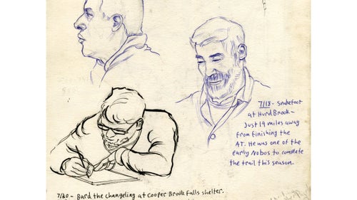 Rue likes to wake up early to make sketches of fellow hikers while they’re eating breakfast or making coffee. Some are nervous about this idea of playing model, but Rue says most are excited and ask for an emailed a copy of the sketch. “Hikers are very active people and don’t stay still for very long,” he says. “I like to wake up and do little portraits of them while they’re at their most relaxed.”