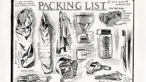 This lithograph, made using a scan from his first sketchbook, shows Rue’s packing list from an early trip on the AT. Creating a lithograph involves a complicated chemical process that results in an ink impression of the original drawing.
The note in the right-hand corner refers to one of his first experiences on the trail, when a bear stole his foot bag but left the rope holding it in place. Along with camping gear, Rue also carries a nine-by-12-inch spiral bound notebook, ink pens, graphite pencils, watercolors, and chalk.
