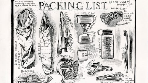 This lithograph, made using a scan from his first sketchbook, shows Rue’s packing list from an early trip on the AT. Creating a lithograph involves a complicated chemical process that results in an ink impression of the original drawing.
The note in the right-hand corner refers to one of his first experiences on the trail, when a bear stole his foot bag but left the rope holding it in place. Along with camping gear, Rue also carries a nine-by-12-inch spiral bound notebook, ink pens, graphite pencils, watercolors, and chalk.