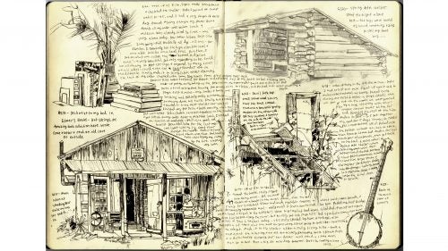 Rue often uses his sketchbook as both camera and diary, like this page from the Smoky Mountains portion of the trail. “I really like when my sketchbooks get dirty and smudged and covered in footprints,” he says. “I like that grittiness because I think it captures the spirit of hiking.”