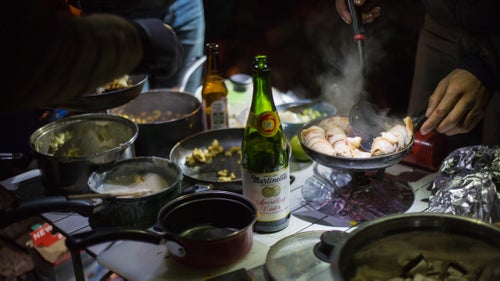 This year’s Creeksgiving dinner featured bacon-wrapped hotdogs, boxed stuffing, mashed potatoes, Martinelli’s sparkling cider, and, for dessert, nine pies found in a dumpster in Moab.