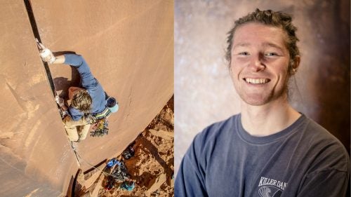 L: Fritz Carpenter setting off on Gold Crown, a classic hand-sized 5.10+ on an overhanging wall. R: Reef Larwood, a Bozeman-based climber, was all smiles on his first trip to the Creek.