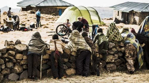 At Aynameda Camp—three stone buildings on a rubbly plain—we had our first sensation of feeling a bit like zoo animals on display as locals gathered from nearby villages to watch us build bikes. Only twice before had outsiders brought mountain bikes to these hills, we were told, so we were a fairly novel spectacle.