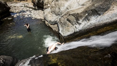 Hopes were high for the journey between Sona and Mekarbya camps, as the 3,000-foot vertical drop boded well for fun descents, but the trail was a precipitous goat path choked with boulders. Fortunately, at the bottom of the downward march into the scorch of the lowlands, these bright pools granted the first bath in seven days.