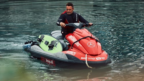 Eric Akiskalian—a native of Santa Barbara, California, a Billabong XXL Big Wave Award-nominee, and “a true waterman,” as Silva puts it—preps his jet ski for the day. The jet skis are supplied by the local government and stored in a nearby warehouse. Silva contends that the town of Nazaré does everything in its power to support the surfers. The government also provides tractors to move equipment, medical ATVs on the beach, and on-call volunteer firefighters.