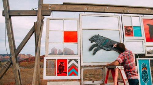 Each image—owl, feather, coyote—symbolizes a larger theme. “When I approached the canvas to start working, the very first thing I heard as I started working was a pack of coyotes in the distance, and I started thinking about my childhood in the Midwest and going on camping trips and hearing coyotes,” Collins says. “It ignites this fear of being out in the wilderness, but also this curiosity.”