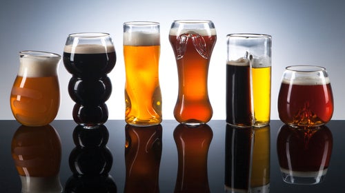 Matthew Cummings's original set of craft beer glassware includes glasses for hoppy beers, malty beers, subtle beers, ales, dual beer mixtures, and aromatic beers.