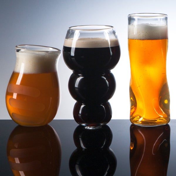 Matthew Cummings's original set of craft beer glassware includes glasses for hoppy beers, malty beers, subtle beers, ales, dual beer mixtures, and aromatic beers.