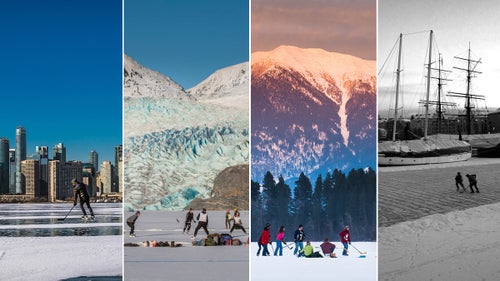 Photographers from all over the world contributed shots of pond hockey moments set against impressive landscapes. A few examples, from left: Rob Nelson captured a player skating across Toronto’s inner harbor. Ron Gile photographed players passing the puck around below Mendenhall Glacier in Juneau, Alaska. Heidi Long captured a group of local kids playing a game of sunset shinny, hockey-speak for pick-up, in the shadow Montana’s Swan Range. And Jere Ketola caught two players passing the puck in Helsinki’s Kruununhaka Harbor.