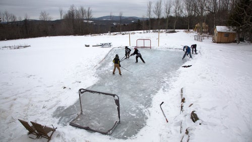 In Mount Vernon, Maine, kids play on a backyard rink while mom and dad shovel. “It takes a ton of work to maintain those ponds and lakes,” Wynia says. “There were a lot of dedicated people who did that for the community, to get them out when it’s dark and cold.”
