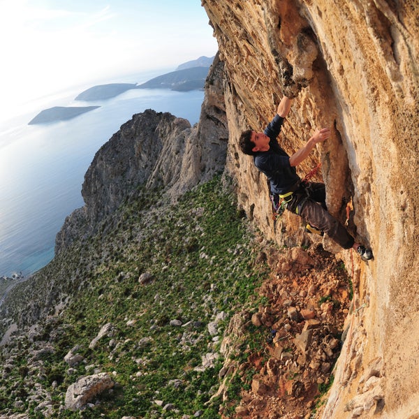 Alex Honnold climbs a limestone route on the Greek Islands