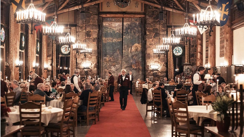 A dining hall inside the Ahwahnee Hotel in Yosemite.
