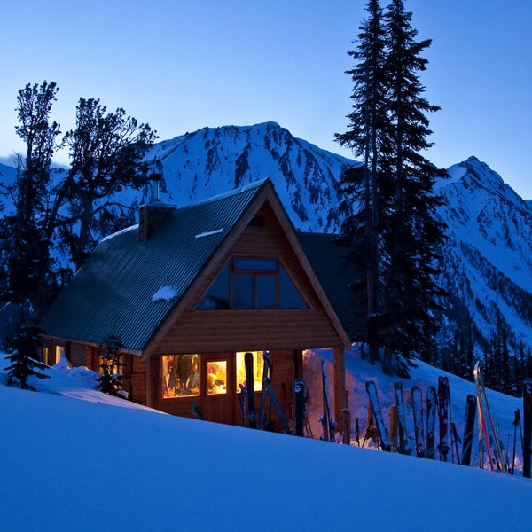 Fairy Meadows Backcountry hut in evening in the Selkirk Range, British Columbia.