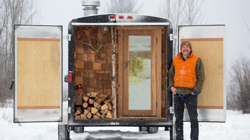 Finland averages one sauna per household. There aren’t nearly that many in British Columbia, so Revelstoke resident Mika Sihvo, 31, decided to start a business building custom saunas—on wheels. “I was spending a lot of money going to the sauna at the public pool,” says the second-generation Finnish craftsman, who spends his summers fighting forest fires and his winters skiing. His company, Sauna Stoke, now sells the poshest portable saunas, starting at about $9,249, this side of Scandinavia.
Photo: Pictured here, the Sauna Stoke 2.0 is a larger, upgraded version of Sihvo’s original design. The trailer is six feet tall, six feet wide, and ten feet long, and comes with a wood-burning stove (no infrared heating here) to power the sauna.