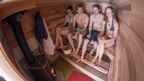 Most Finnish saunas use birch finishes, but Sihvo opted for cedar to give his saunas a rustic, North American look. The sauna seats six comfortably and features a tilted floor for drainage and river rocks under the stove. It vents through a gap in the door and several sliders built into the main room.
