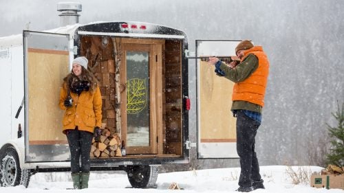 The new trailer has a one-foot-wide deck to hold wood, towels, and shoes. Inside, there’s plenty of storage, with a gear closet that measures four feet long by six feet wide. The front door—with a custom birch-leaf decal—is made from tempered glass, which means it’ll shatter and won’t cut you should you ever have to break it in an emergency. As a firefighter, Sihvo put a lot of thought into safety: the sauna comes with a built-in fire extinguisher.