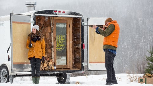 The new trailer has a one-foot-wide deck to hold wood, towels, and shoes. Inside, there’s plenty of storage, with a gear closet that measures four feet long by six feet wide. The front door—with a custom birch-leaf decal—is made from tempered glass, which means it’ll shatter and won’t cut you should you ever have to break it in an emergency. As a firefighter, Sihvo put a lot of thought into safety: the sauna comes with a built-in fire extinguisher.