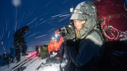 December 28: At about 2 p.m., another front moved in and the team was bedeviled by dry snow clumping onto damp skins. Here they strip skins from skis for the last time after they discovered the bases gripped the snow without them. Rees said she was exhilarated by the trips many challenges—including the difficulty of shooting in such trying conditions.