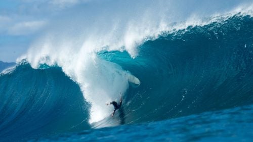 Japan’s Shun Murakami tumbles down the wave face before going into the spin cycle.