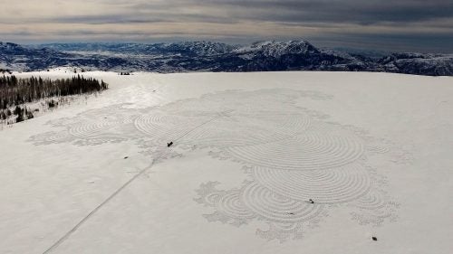 Beck estimates that this mandala, created on his most recent trip to Utah’s Powder Mountain, reaches 620 feet in diameter. That would make it the largest snow mandala ever created by one person.