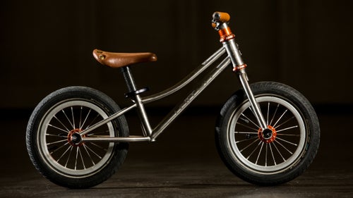 The nicest kid’s bike around, the Triton
Mitrich is a custom titanium Strider-style ride with a Chris King headset and hubs on 12-inch wheels.