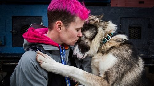 Heidi Sutter at the start of the 2015 Iditarod, her first 1,000-mile race. Sutter is a special education teacher and runs KMA Kennel with her husband and daughter in Chistochina, Alaska.