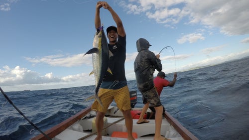 After a day of surfing at Tavarua, Fiji—home to Cloudbreak, a punishing wave that breaks over the reef around the island—Healey and pro surfers Seth Moniz and Matt Meola noticed ”the water boiling and the birds diving.” The group had brought their light tackle fishing poles with them, and “what ensued was half an hour of gut busting laughs, snapped lines, and Yellowfin Tuna hitting the boat,” Healey says. Tavarua is “definitely one of the most magical places on earth,” he says.