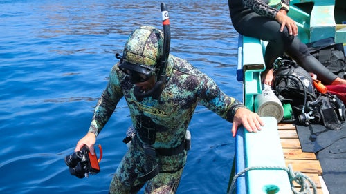 “As a waterman, Mark is unrivaled,” big-wave icon Laird Hamilton told Walker. “When it comes to riding giant waves, diving deep, and hunting fish, he’s the total package—unique even among us.”
Since any bubbles from scuba equipment could spook the hammerheads, Healey had to freedive—to descend without any artificial respirator—more than 100 feet to tag the sharks. “If I wanted to follow him, I had to freedive, too,” says photographer Zimmerman. “If I had scuba gear on I wouldn’t be able to follow him to go up and down like that.” Zimmerman says 15-to-20 percent of the photos he takes are underwater, but diving to 80 or 90 feet without added oxygen “adds another element to it all.”